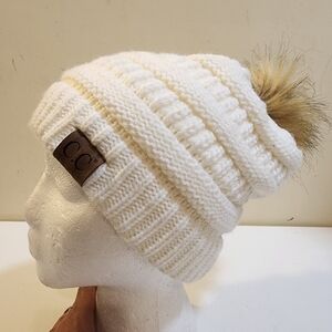 C.C Exclusives Women's Ivory Pom Pom Knitted Beanie Hat